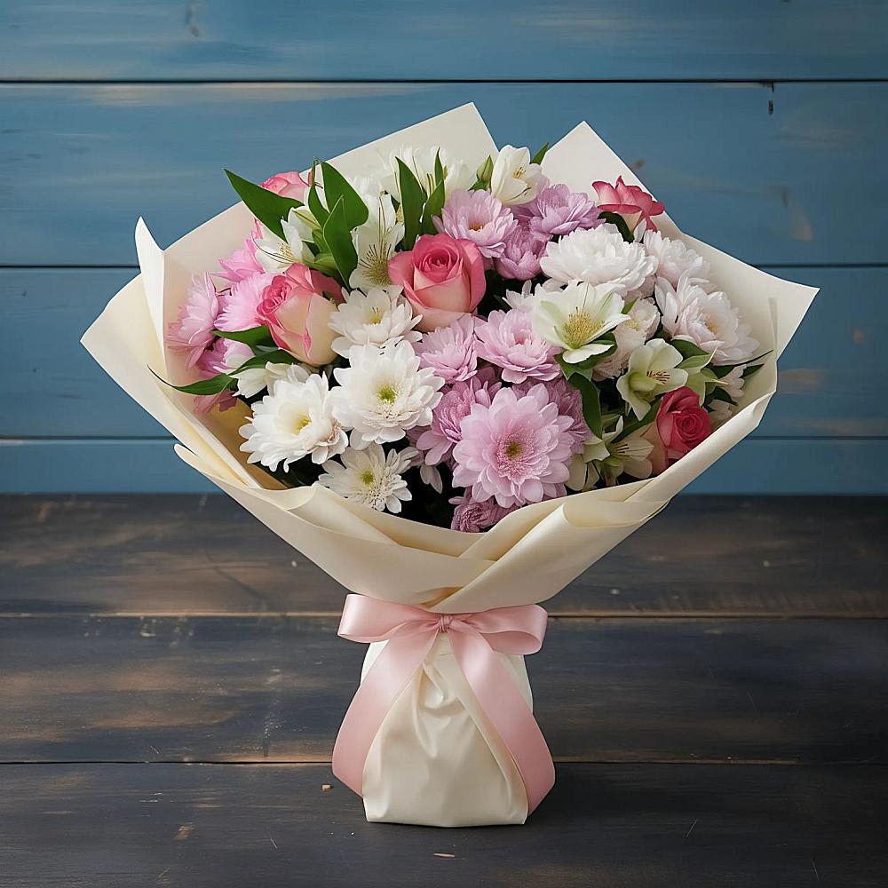 Букет цветов из: Хризантемы, Альстромерии и Розы в Предивинске